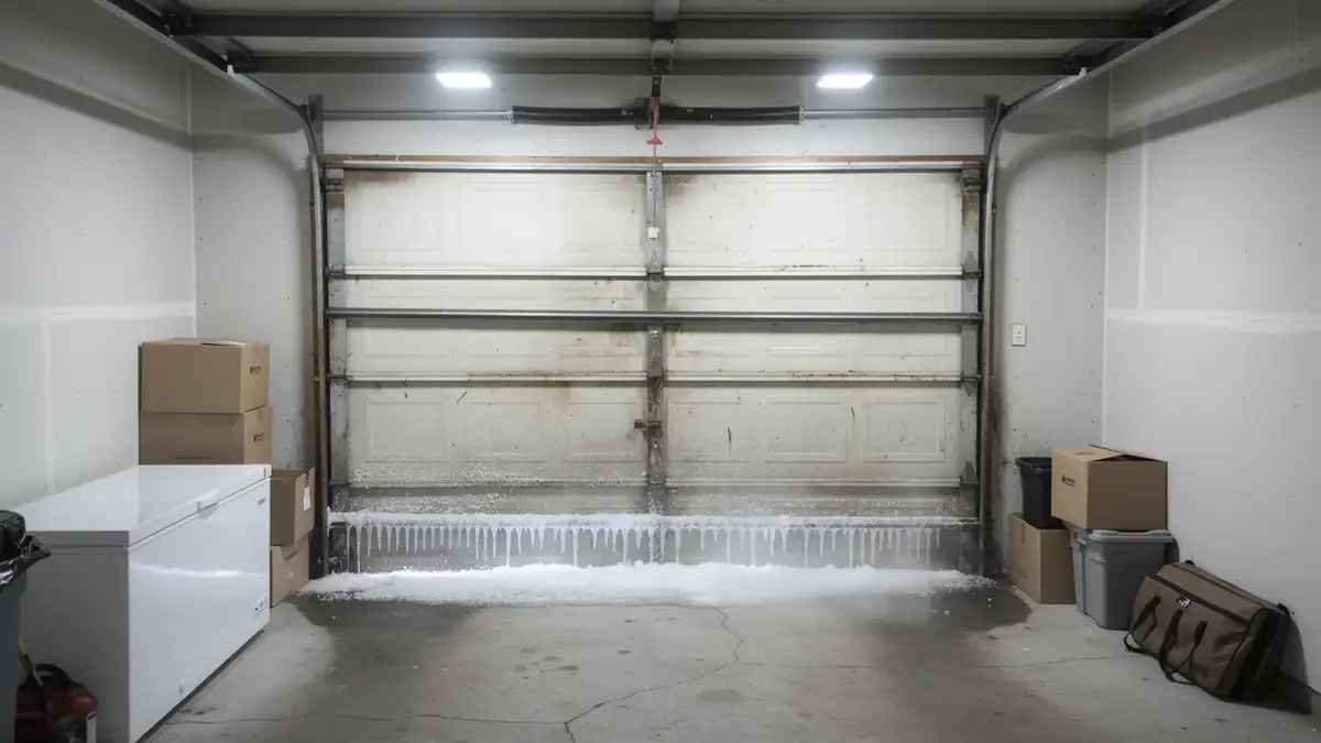 A white garage door has icicles and snow along its bottom edge.