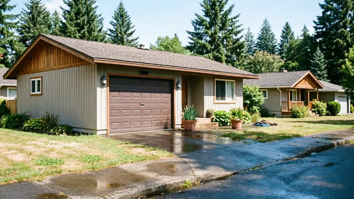 A brown garage door on a tan house with a brown roof and green trees.