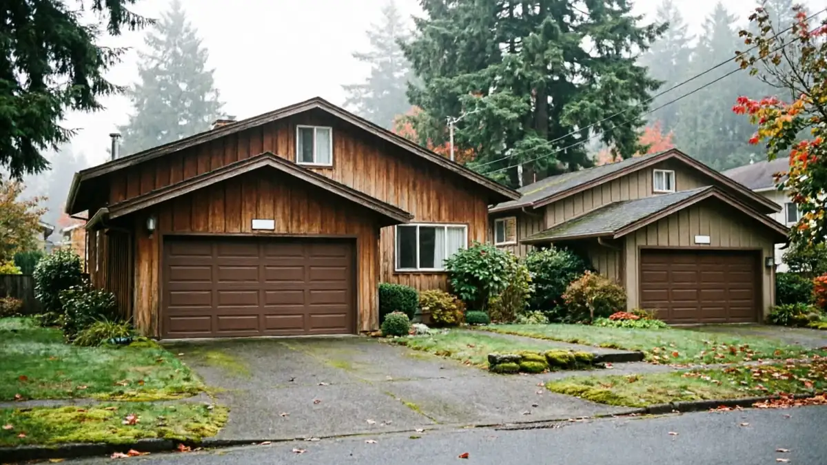 Two houses with brown garage doors and brown siding are visible from the street.