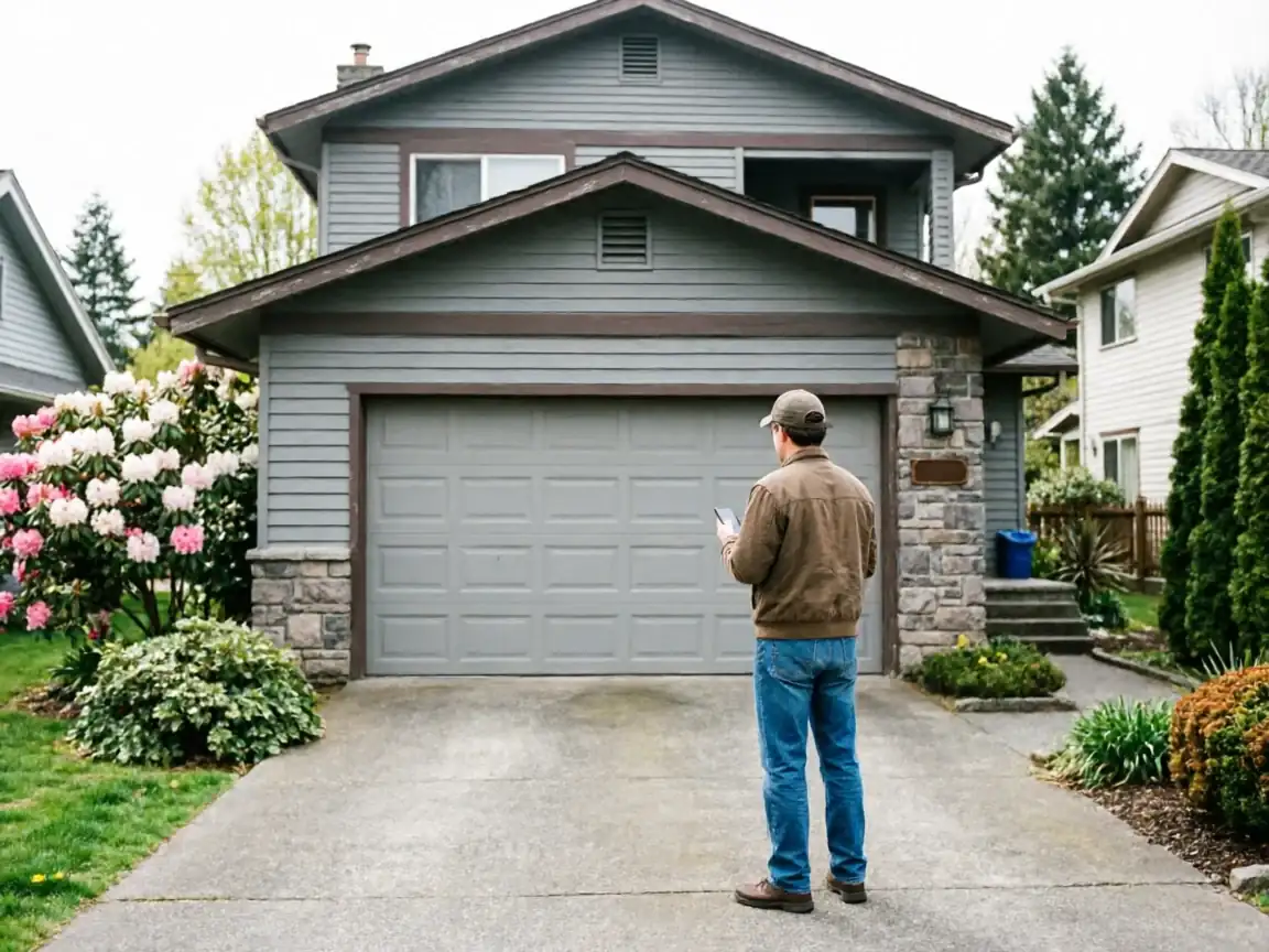 A technician stands in a driveway looking at a gray garage door.