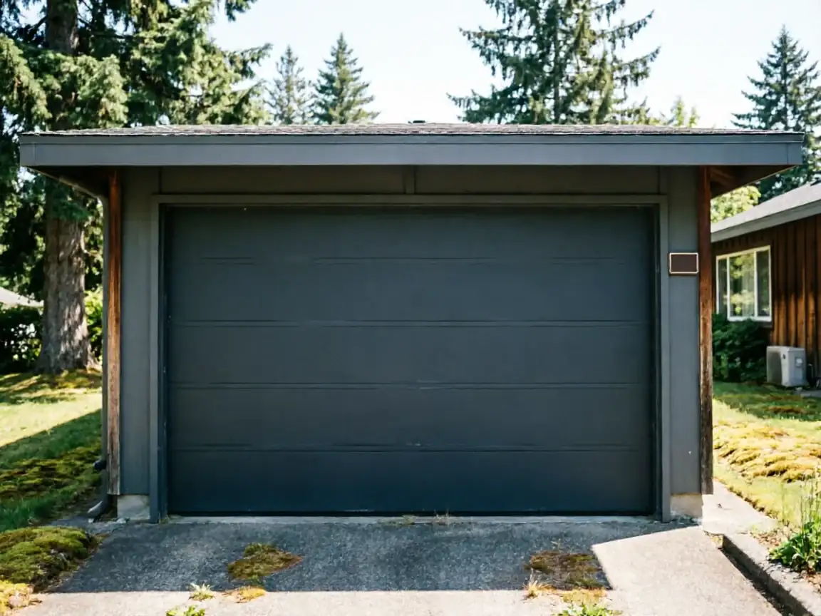 A dark gray garage door is closed on a small garage.