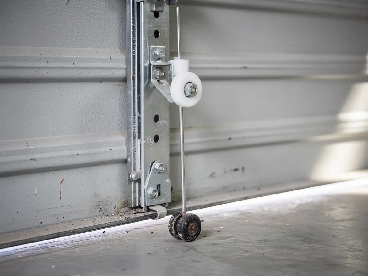 A garage door roller and track are visible with a dirty floor.