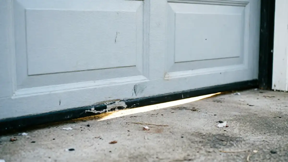 The garage door has a damaged bottom seal and light showing underneath.